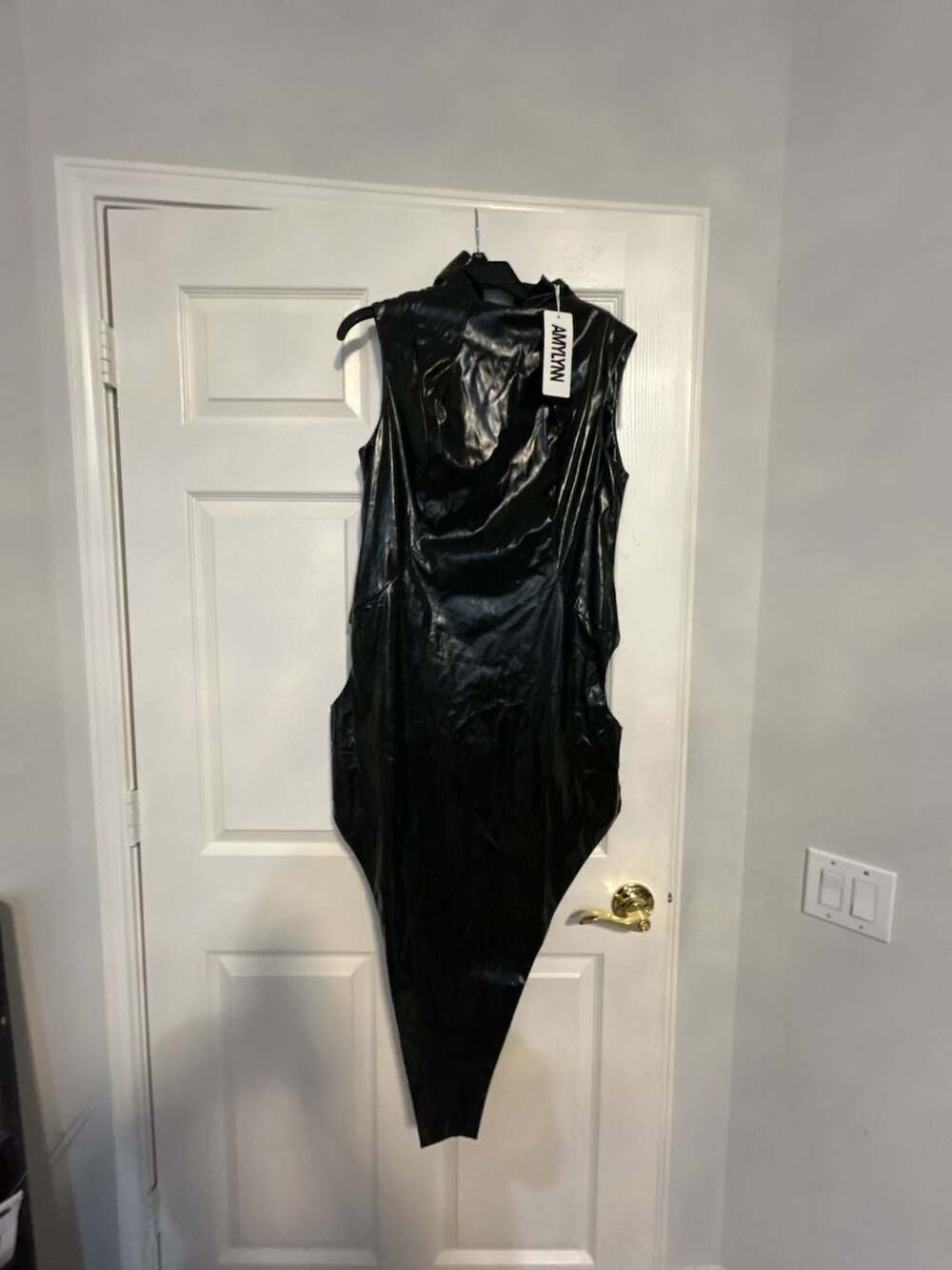 AMY LYNN Faux Leather High Neck High Low Midi Dress